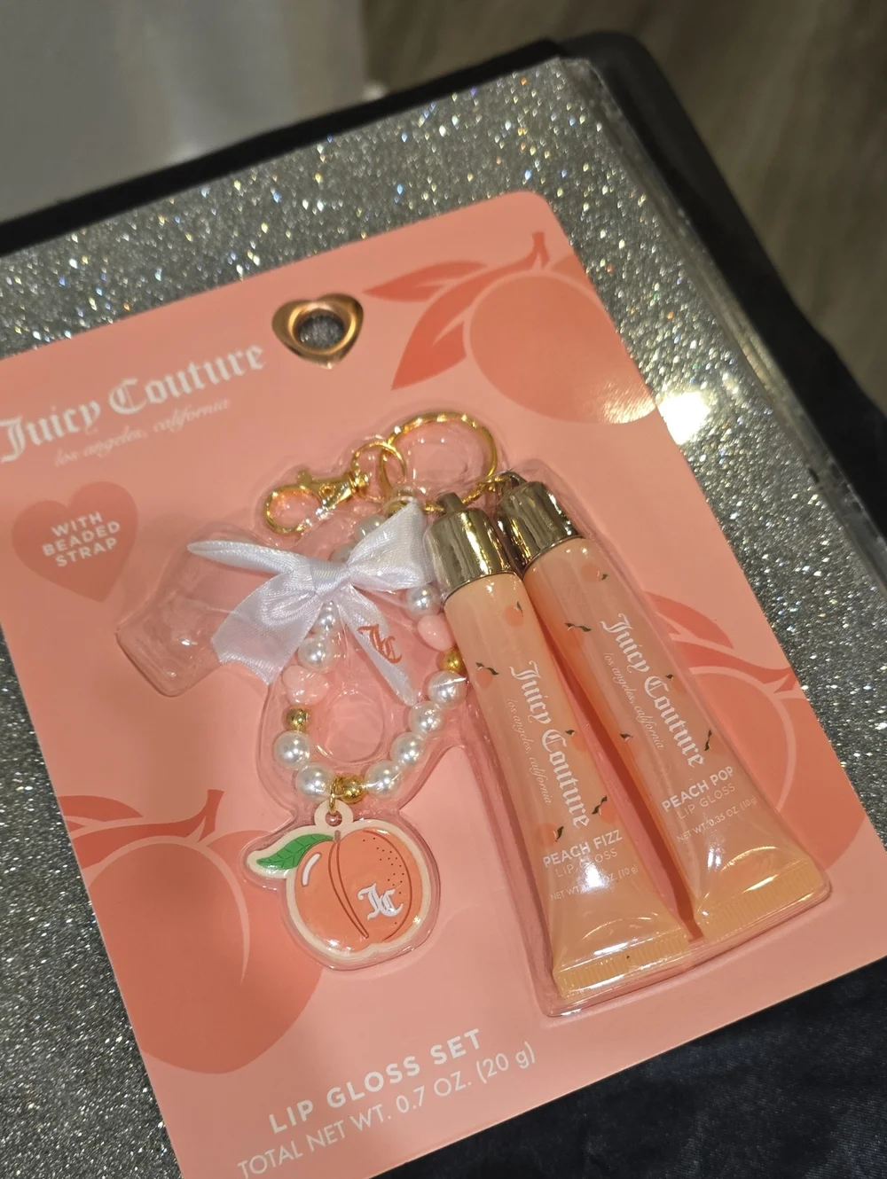Juicy Couture Peach Lip Gloss Duo w/Beaded Charm Strap